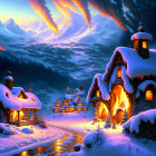 Snowy village with warmly lit cottages nestled in mountains at twilight