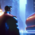 Superhero illustration overlooking futuristic cityscape at night