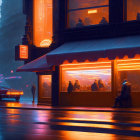 Vibrant neon-lit cityscape with person outside glowing diner and floating particles.