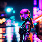 Futuristic figure in neon-lit city at night