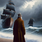 Man in yellow coat watches stormy sea with ships, dark clouds, and crashing waves