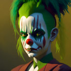 Melancholic clown with green hair and red nose on golden background