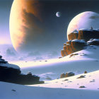 Alien snowy landscape with rock formations, temples, and celestial bodies