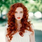 Vibrant red-haired woman in white dress in natural setting