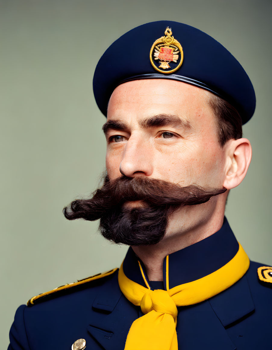 Military man in blue uniform with medals and waxed mustache on grey background