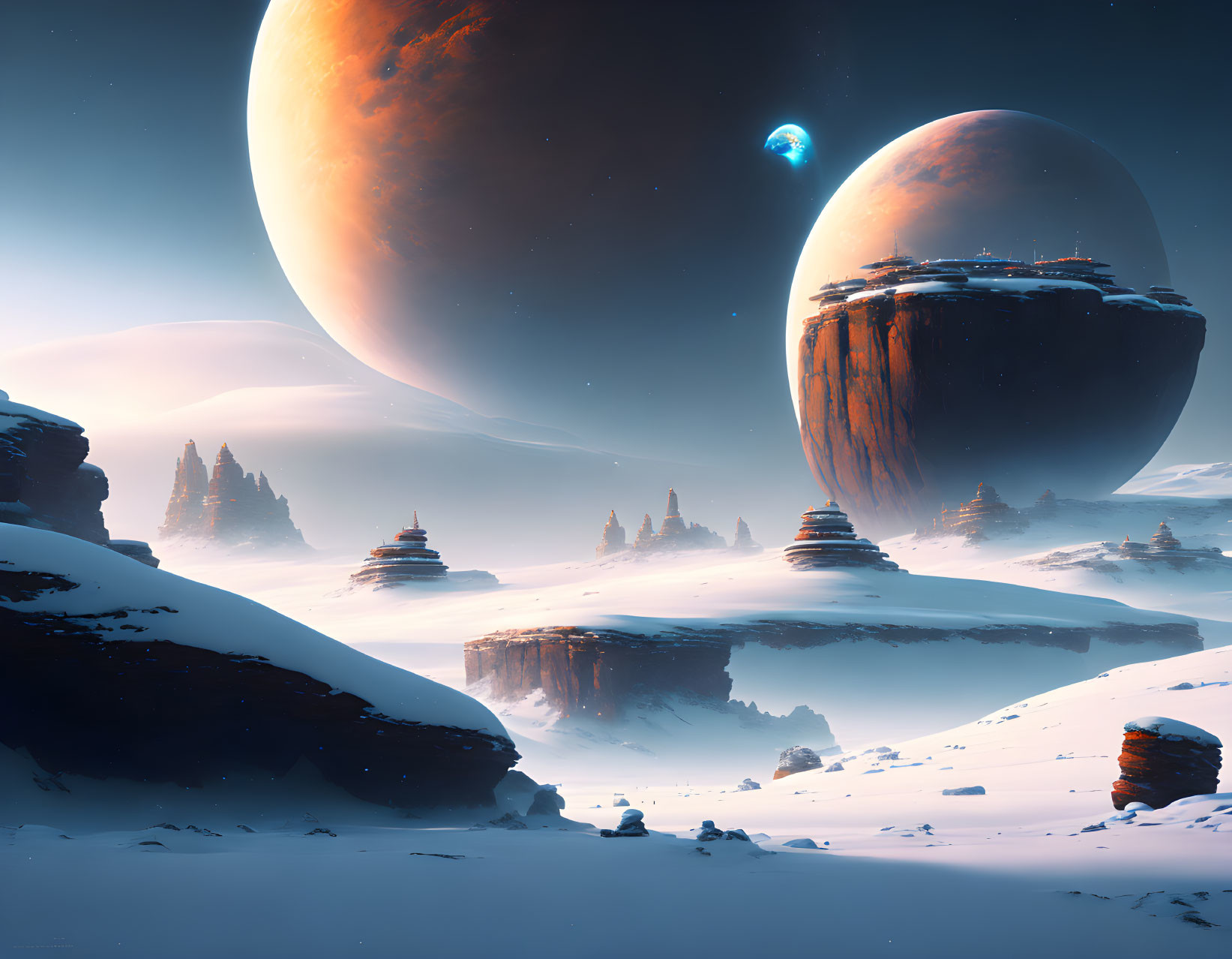 Alien snowy landscape with rock formations, temples, and celestial bodies