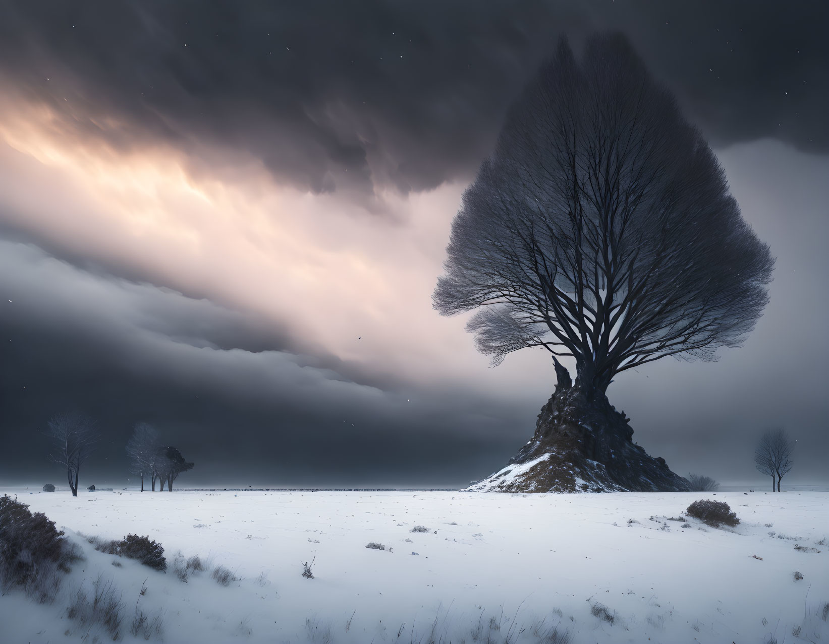 Solitary tree on snow-covered knoll under dramatic sky