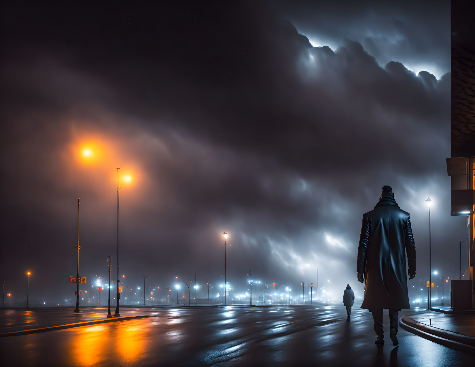 Solitary figure walking on wet street under orange streetlights at night