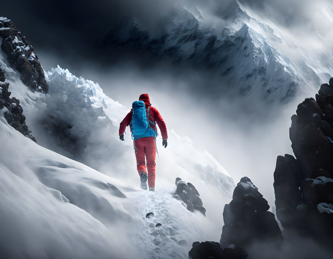 Hiker in Bright Red Gear on Snowy Mountain Pass