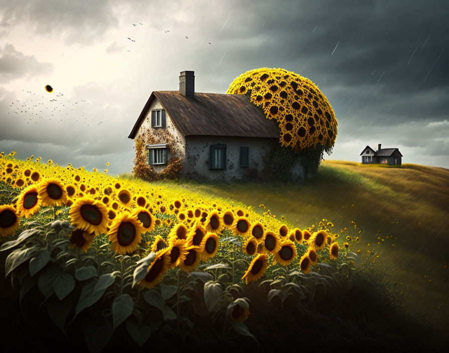 Whimsical cottage in sunflower field under stormy sky