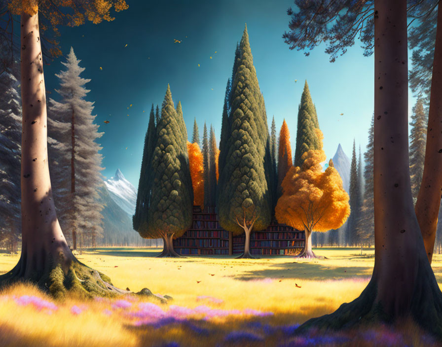 Vibrant meadow with towering house-like trees, forest, and mountains under sunset-lit sky