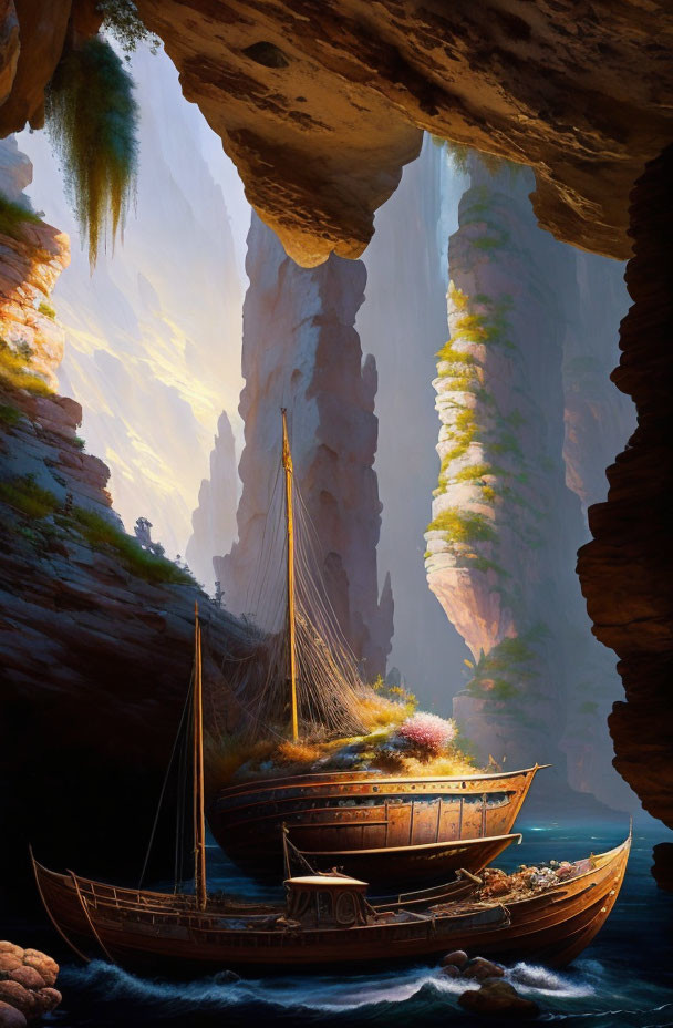 Tranquil cave scene with sailboats, sunlight, and rock formations