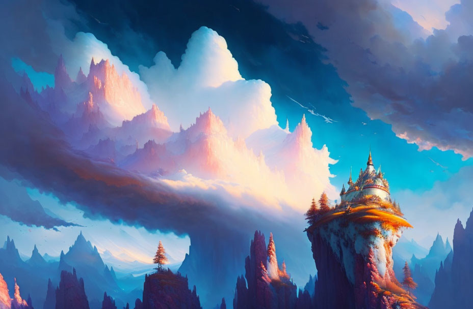 Fantastical landscape with castle on cliff amid towering peaks & sunset-hued clouds