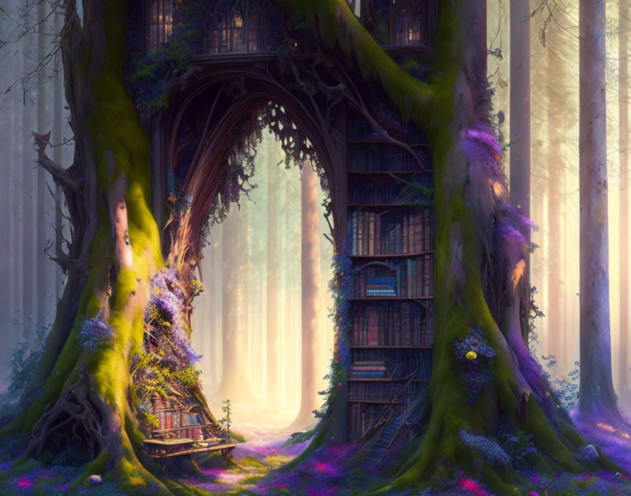 Mystical Tree Library in Enchanted Forest Scene