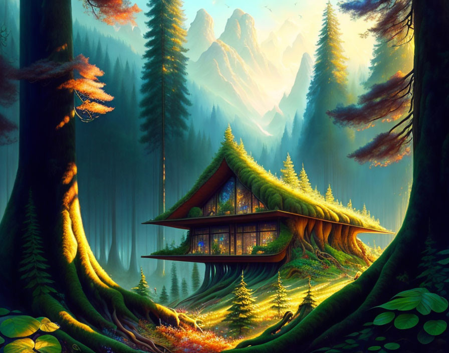 Enchanted forest landscape with cottage house and misty mountains