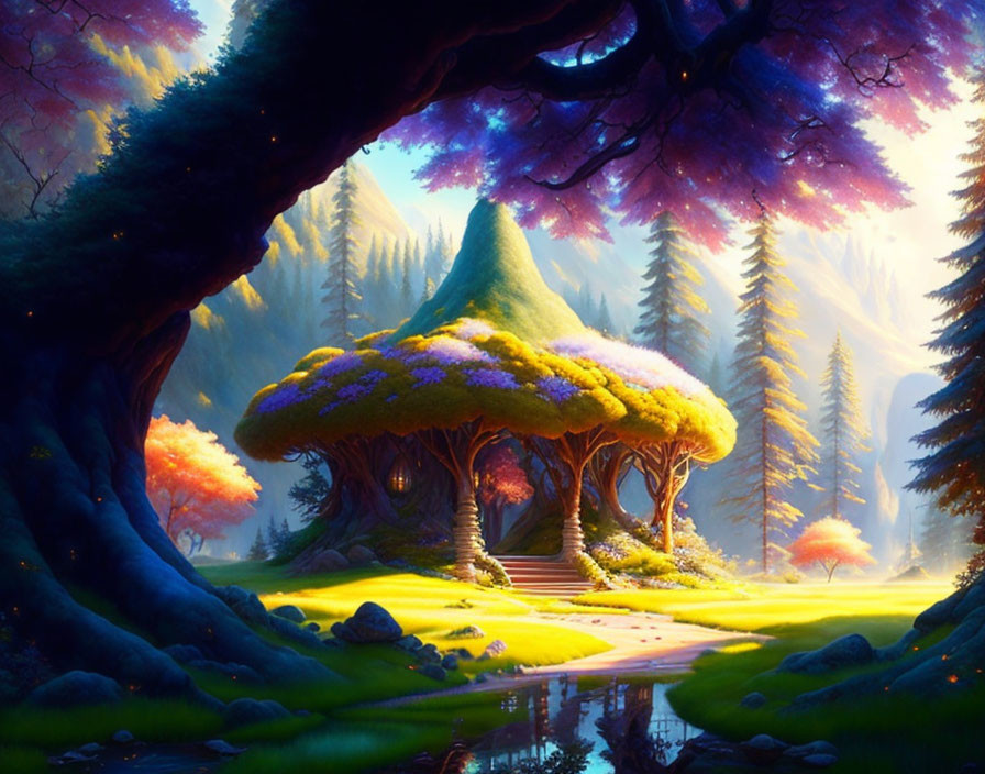 Vibrant forest scene with colorful trees, mushroom structure, stream, and sunlit glade