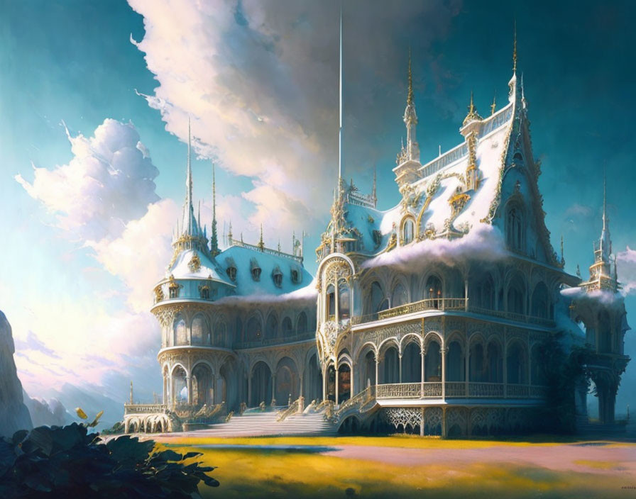 Ethereal fantasy palace with ornate spires and arches in soft sunlight