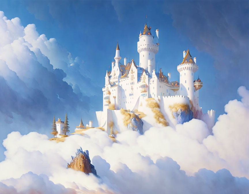 White Castle with Spires on Clouds in Blue Sky