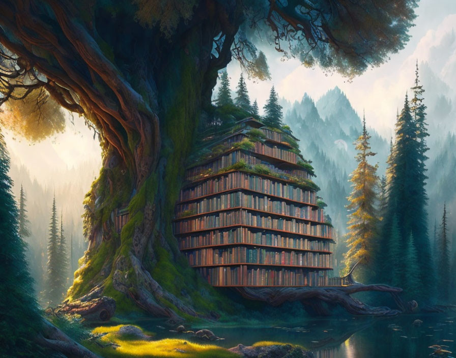 Wooden building in tree, mystical forest, sunlight filtering through canopy, serene lake.