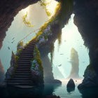 Fantastical cavern with lush greenery and waterfalls