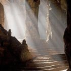 Tranquil cave scene with sailboats, sunlight, and rock formations