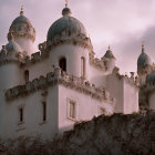 Pink Castle with Domed Towers and Ivy Against Soft Sky