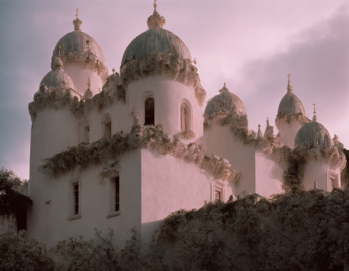 Pink Castle with Domed Towers and Ivy Against Soft Sky