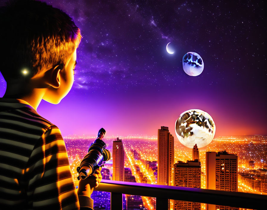 Boy on balcony gazes at surreal night sky with multiple moons above cityscape.