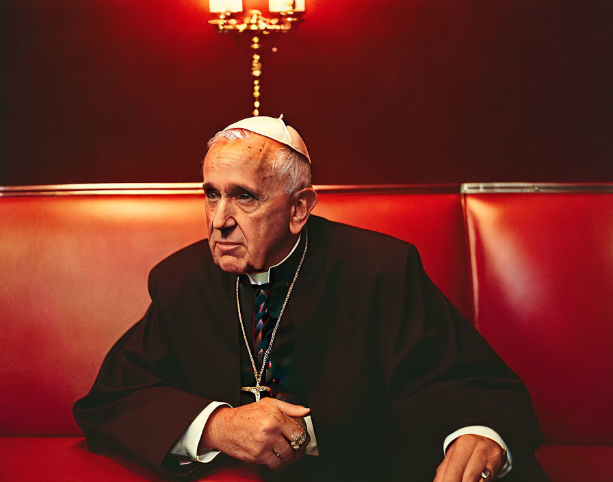 Religious man in pectoral cross sitting in red booth under chandelier