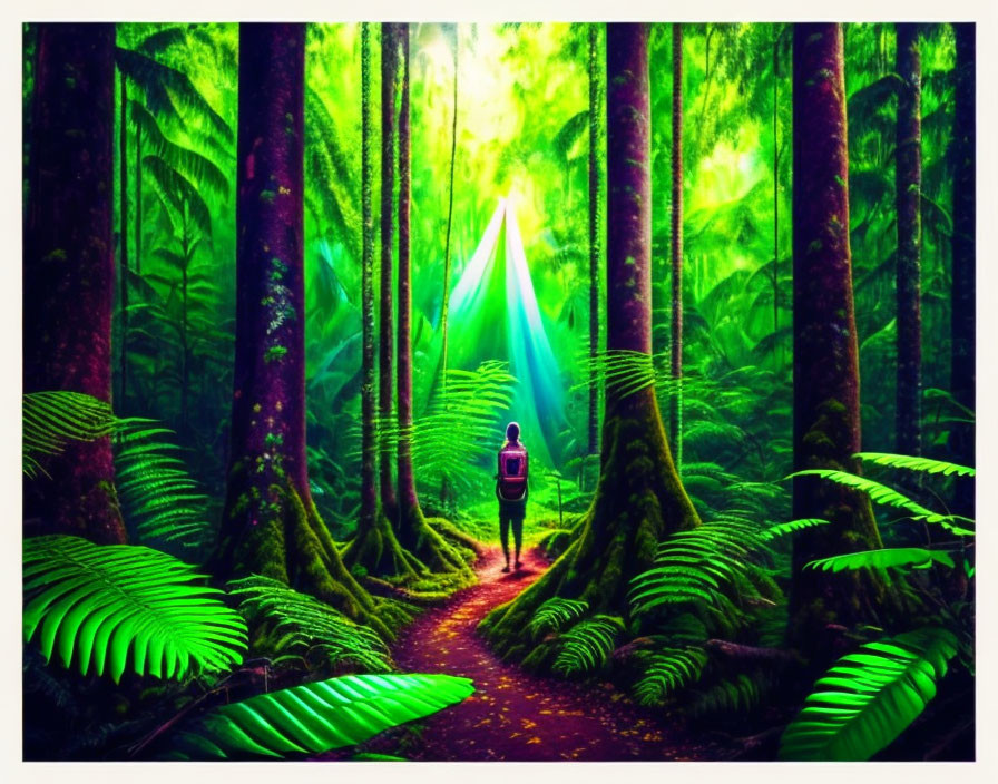 Person in lush forest with towering trees and sunlight beam