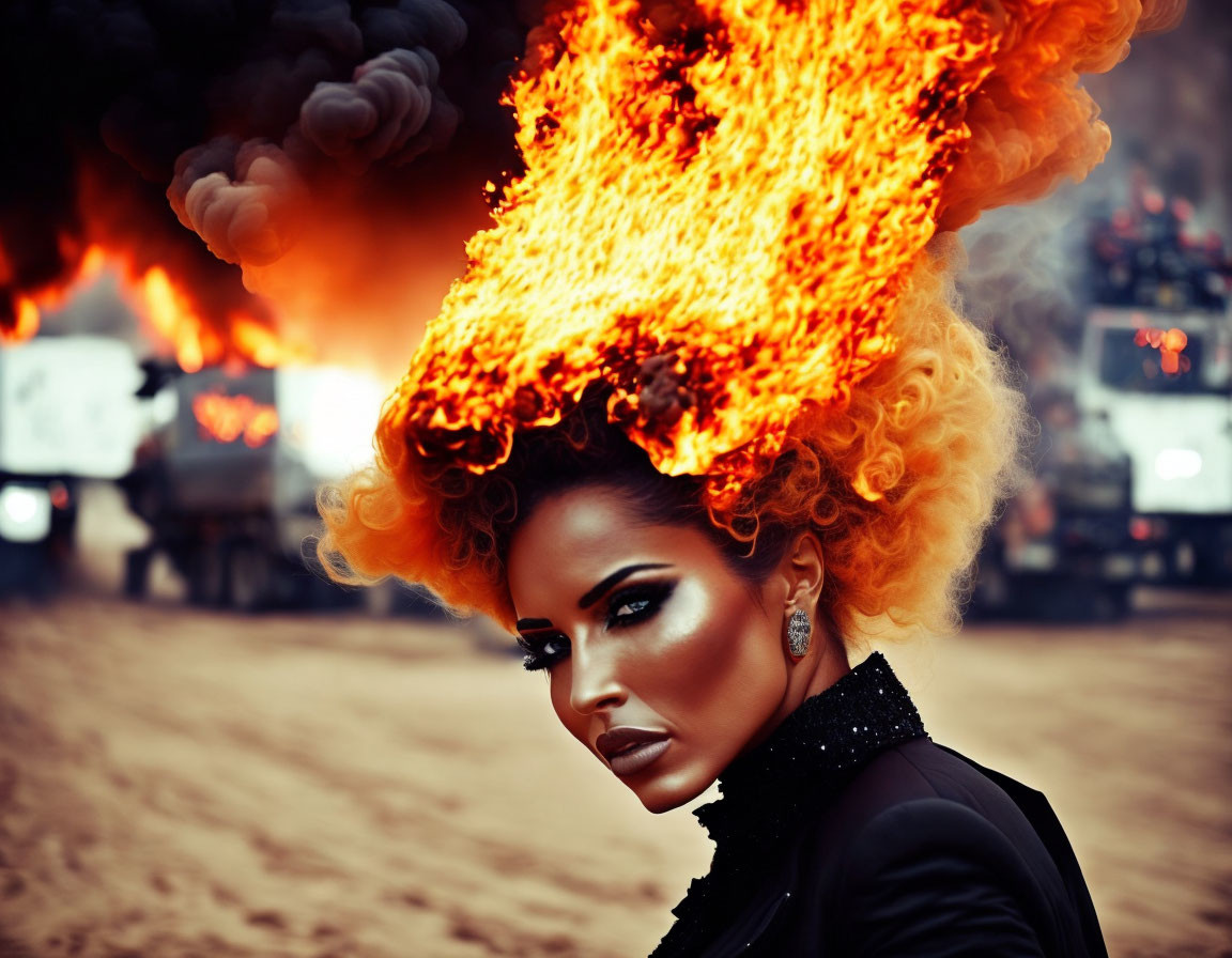 Woman with Dramatic Makeup and Fiery Hair Effect in Front of Smoky, Blazing Backdrop