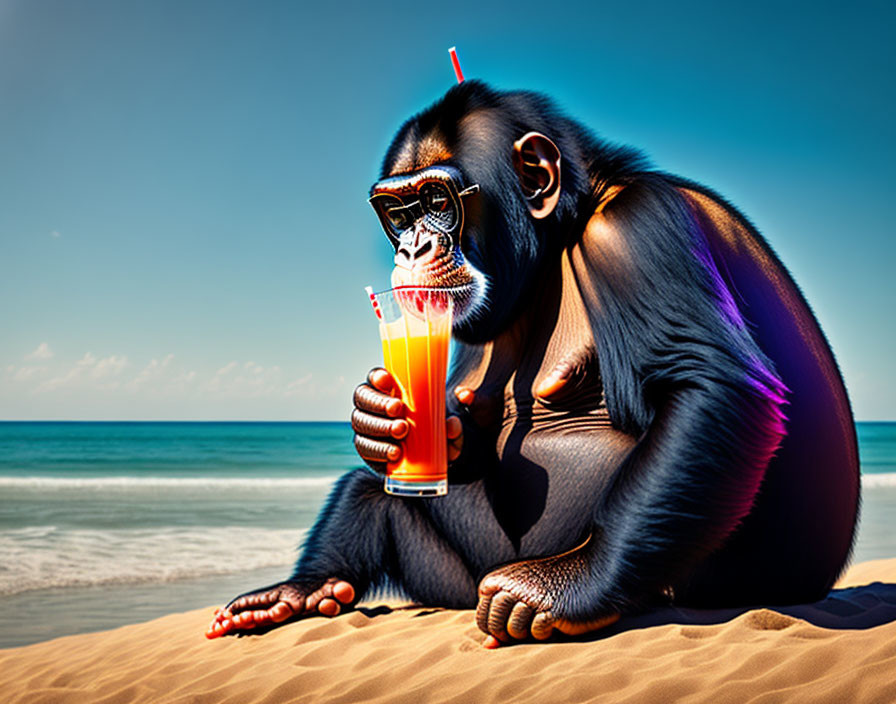 Chimpanzee with sunglasses sips juice on beach