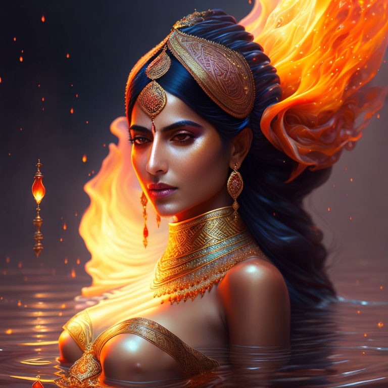 Fiery Orange-Haired Woman in Traditional Indian Attire on Dark Background