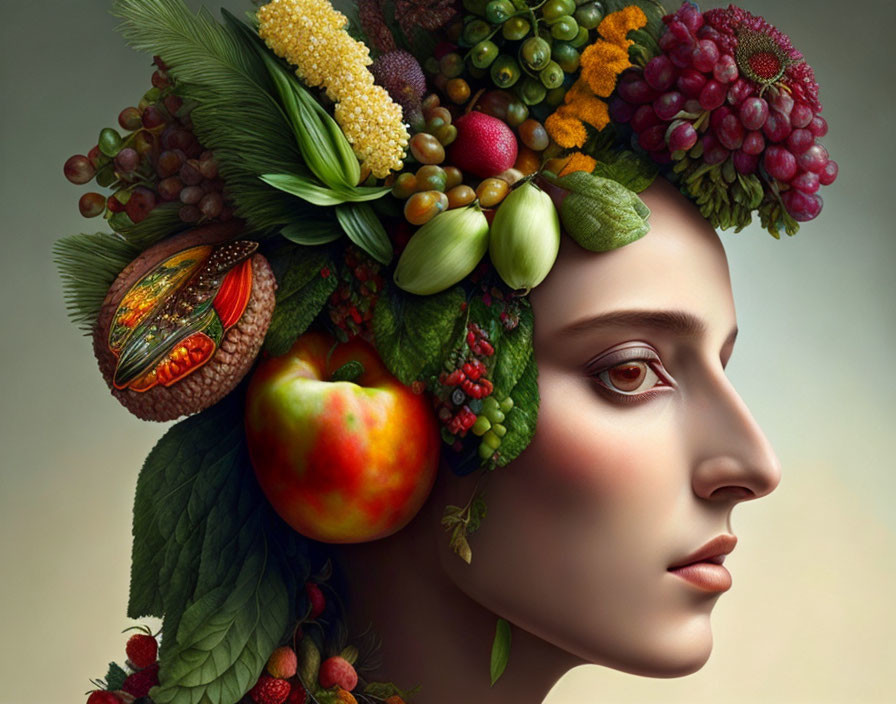 Person's profile with headdress of fruits, vegetables, and flowers