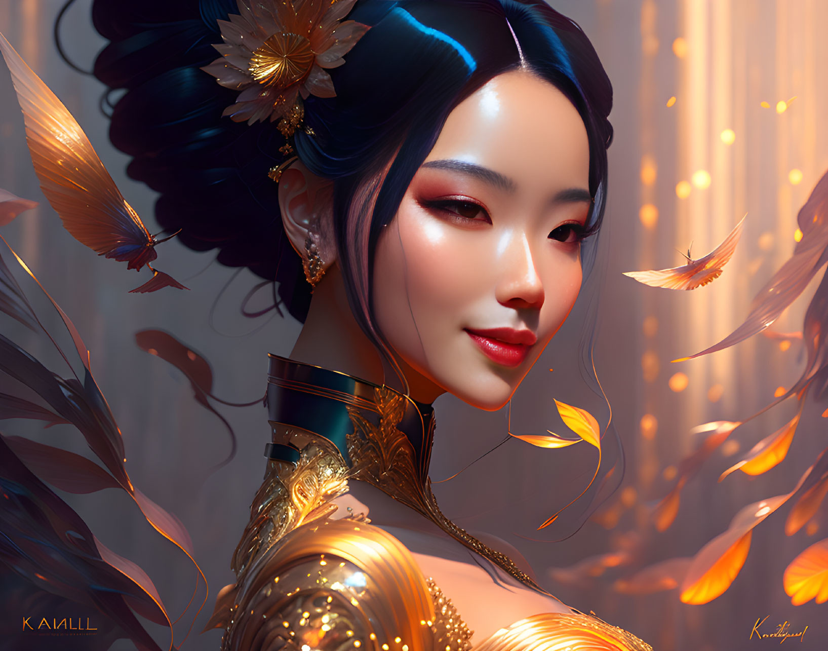 Digital Artwork: Woman with Striking Features and Golden Jewelry surrounded by Floating Leaves