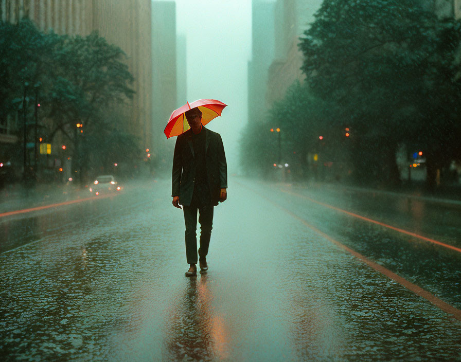 Person with red umbrella in rain-drenched city street