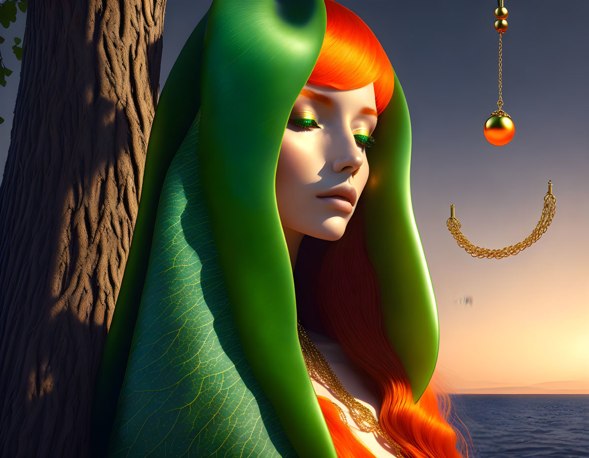 Digital artwork features woman with green leafy hair and red locks near tree with pendant at sunset