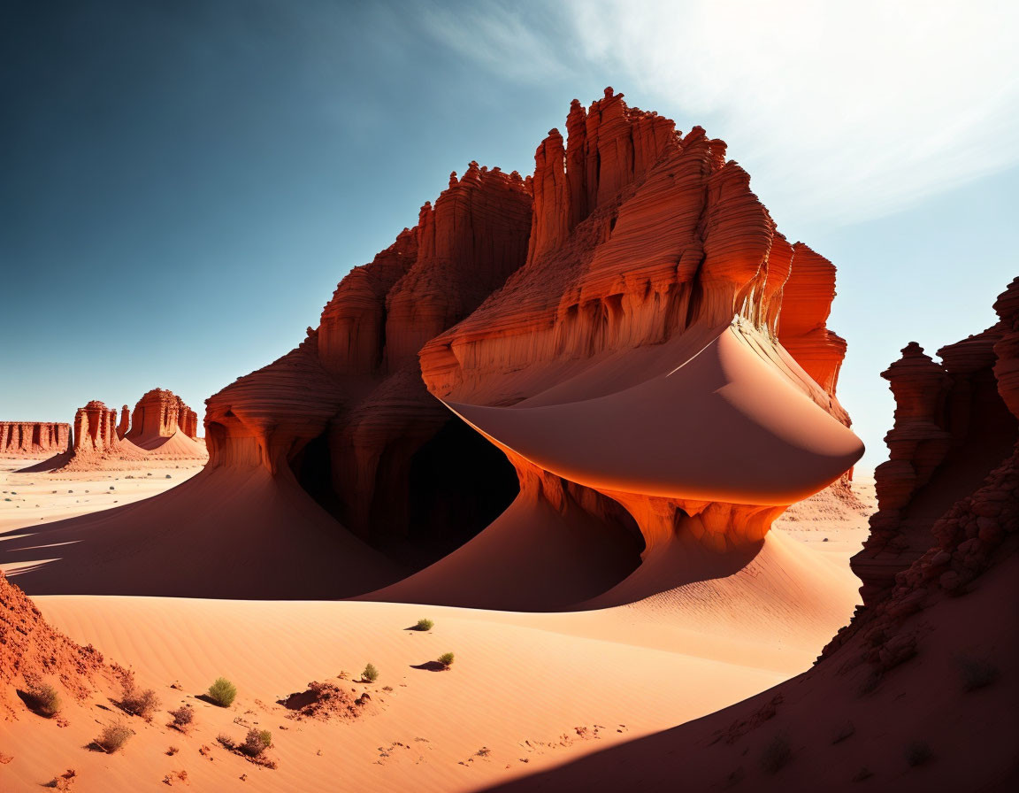 Red Sandstone Formations and Sand Dunes in Desert Landscape