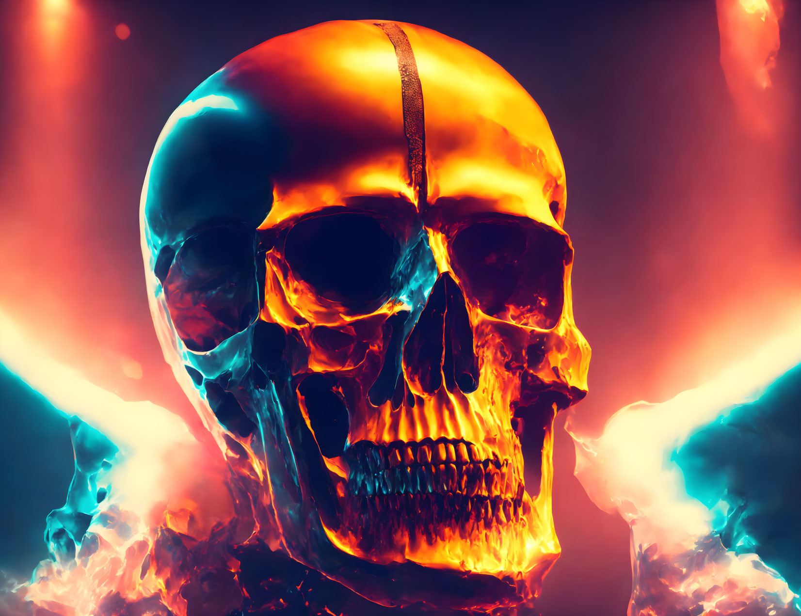 Colorful Human Skull in Metallic Sheen Surrounded by Flames on Dark Background