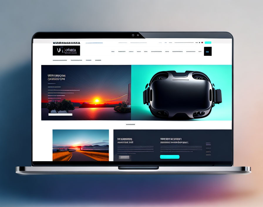 Laptop displaying website with virtual reality headset, sunset, and road.