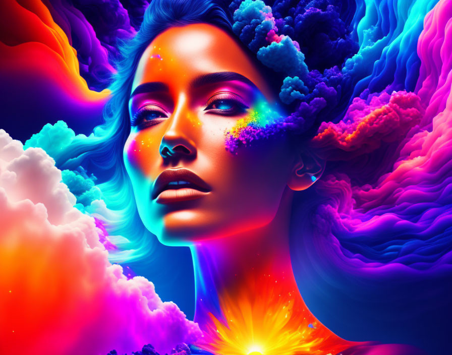 Colorful digital artwork of a woman surrounded by vibrant clouds and light effects