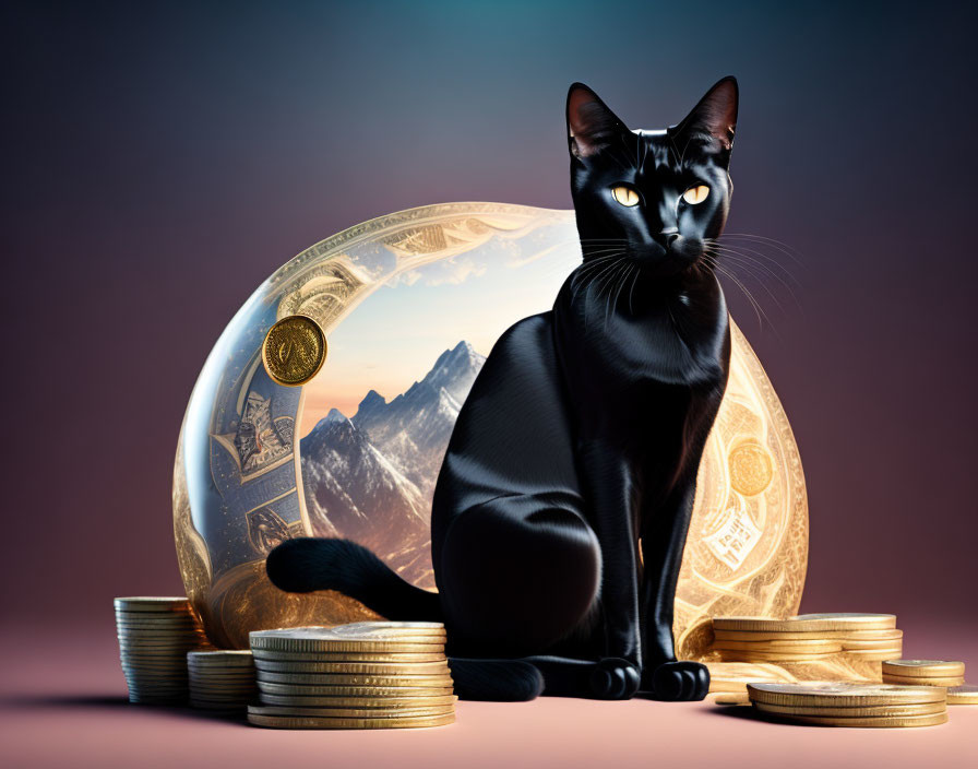 Black Cat Sitting Next to Transparent Sphere Filled with Cash, Coins, and Gold Stacks