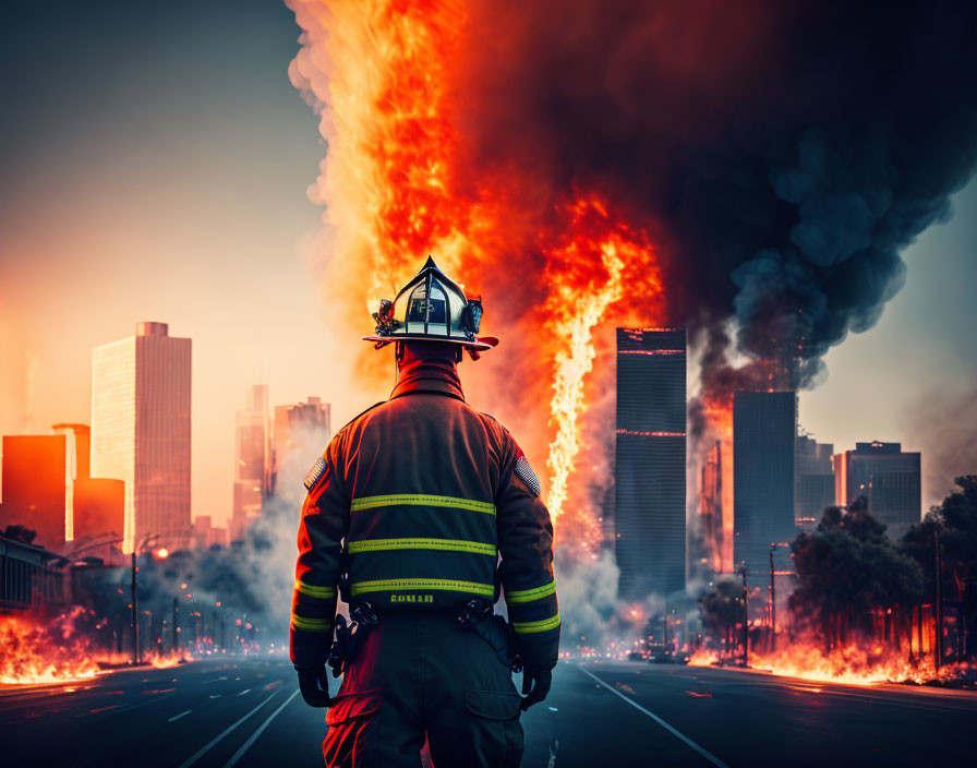 Firefighter observes massive urban blaze with towering flames engulfing skyscrapers.