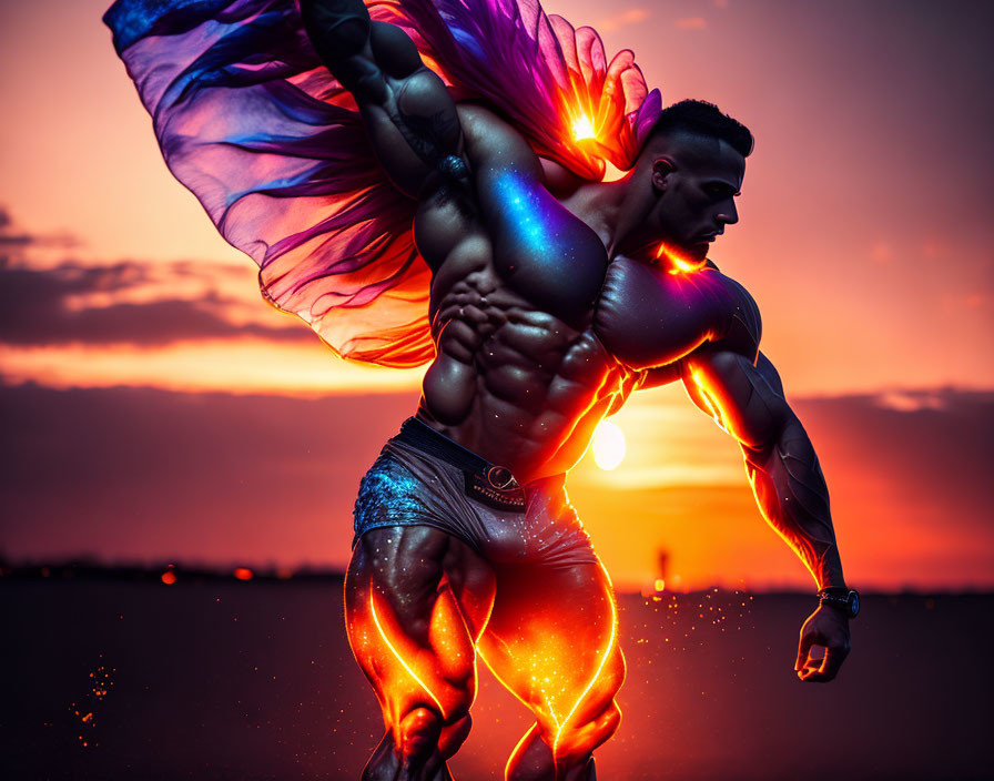 Muscular figure with body paint in dynamic pose against sunset backdrop.