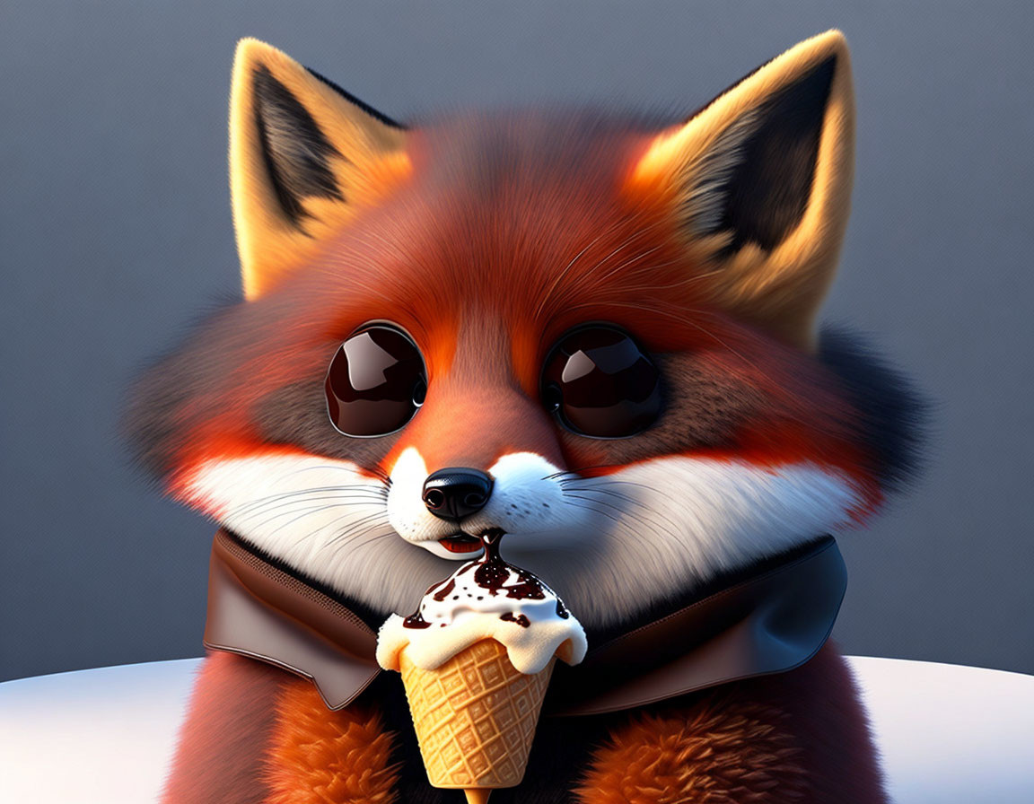 Detailed 3D illustration of whimsical red fox with melting ice cream cone