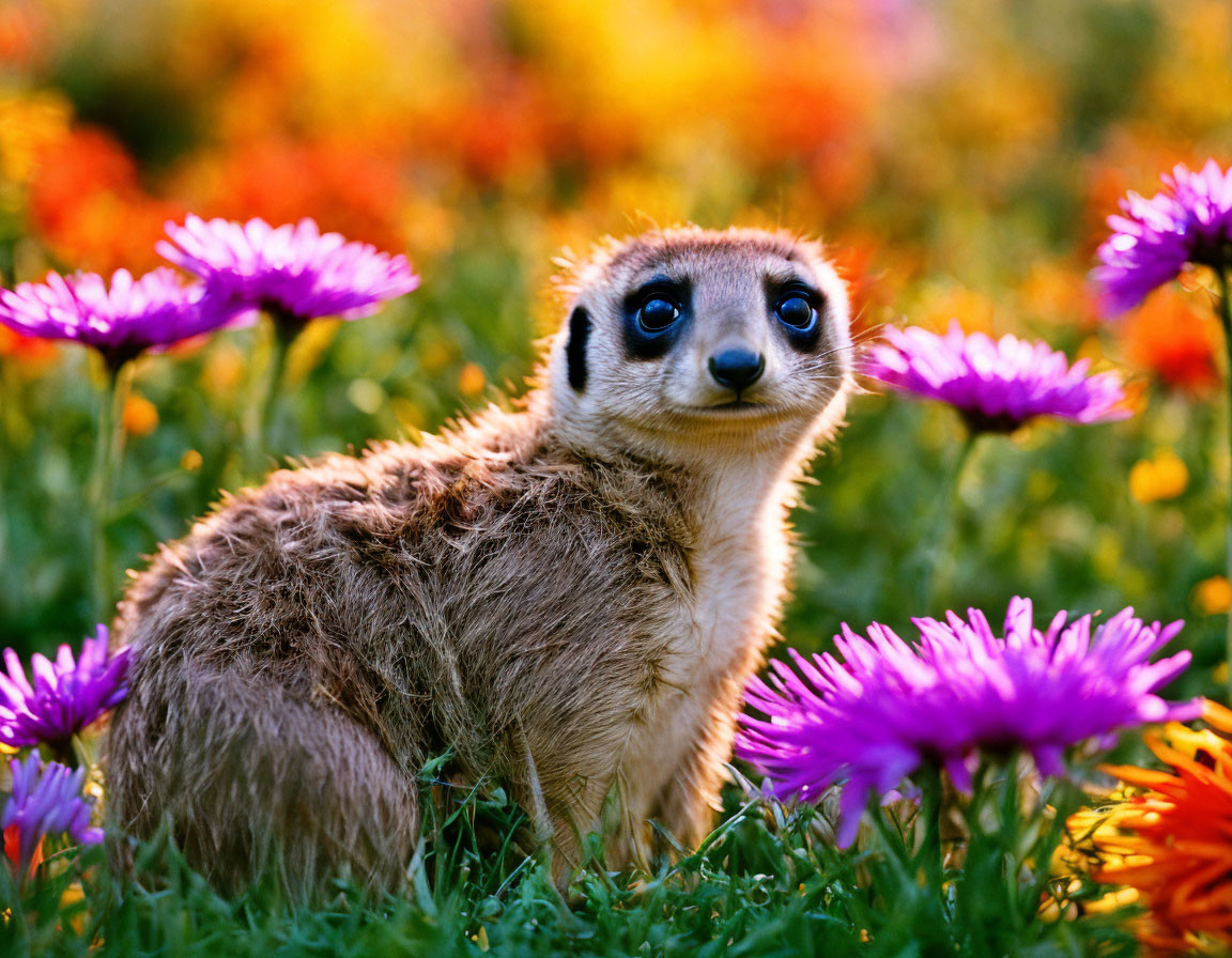 Curious meerkat surrounded by vibrant flowers in sunny field