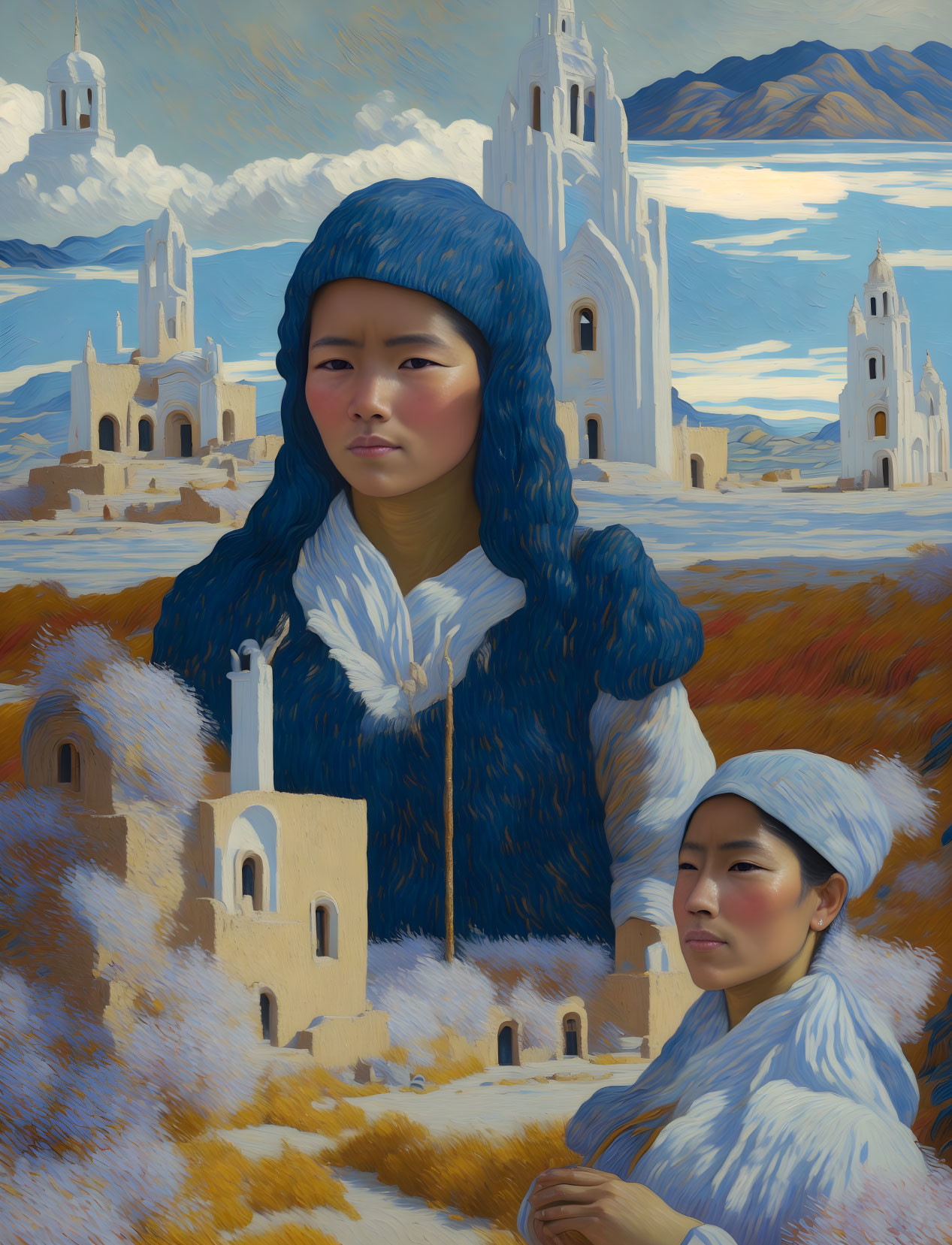 Artwork featuring two figures in blue and white attire amidst stylized architecture and fluffy clouds.