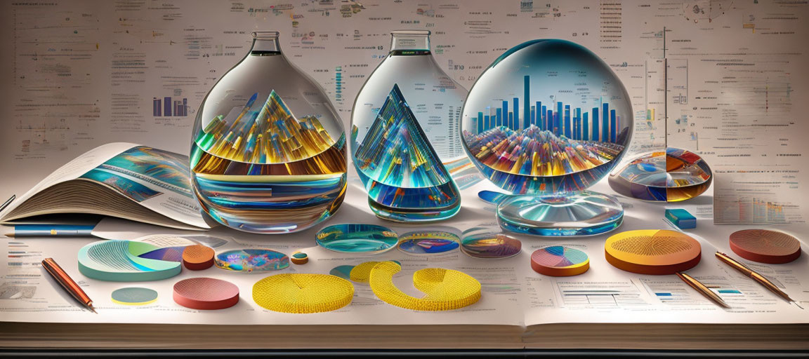 Colorful Data Visualizations with 3D Shapes on Desk