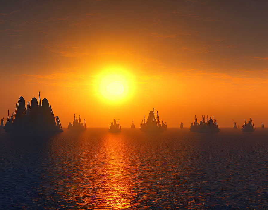 Tranquil ocean sunset with silhouetted rock formations and hazy sky