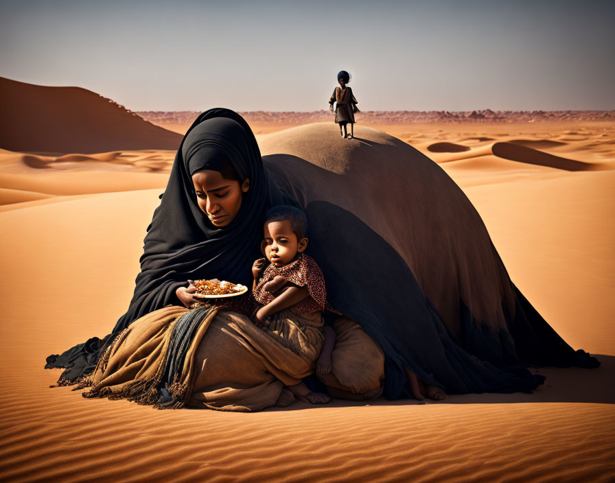 Woman in Black and Gold Clothing Holding Child on Desert Dune